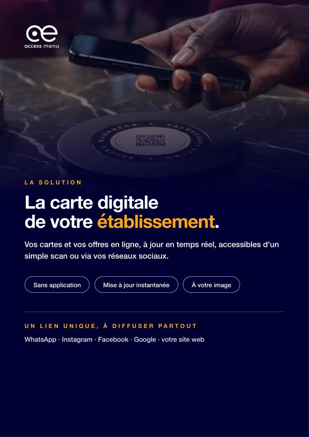 Plaquette A5 à pli central ACCESS Menu, couverture : la carte digitale de votre établissement