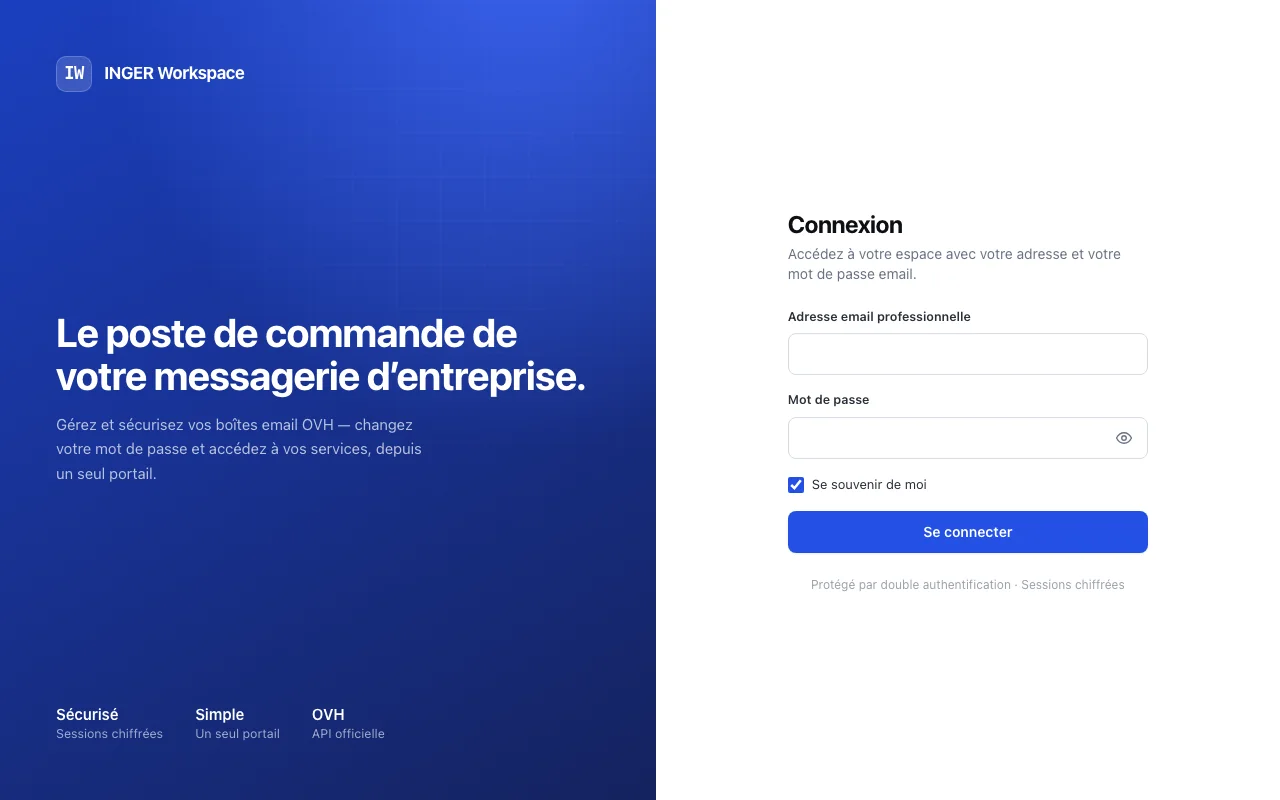 Page de connexion du portail INGER Workspace