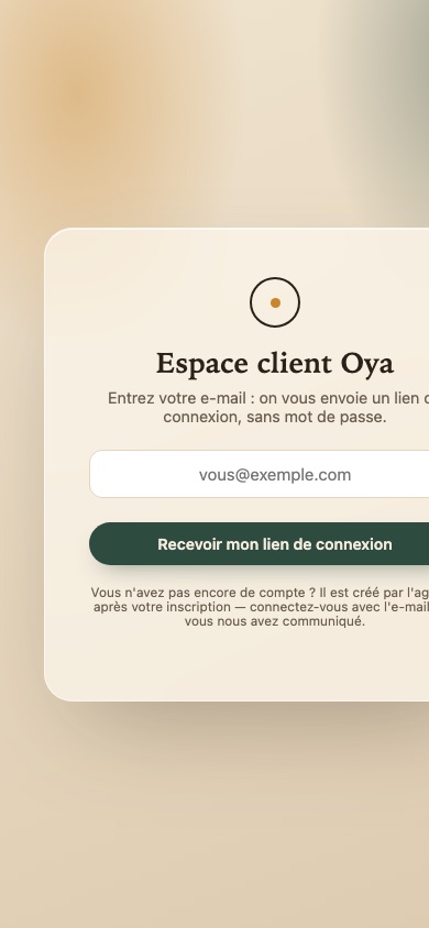 Écran de connexion du portail client Oya sur mobile